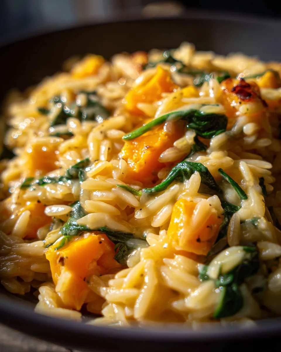 Creamy Orzo with Roasted Butternut Squash and Spinach Recipe