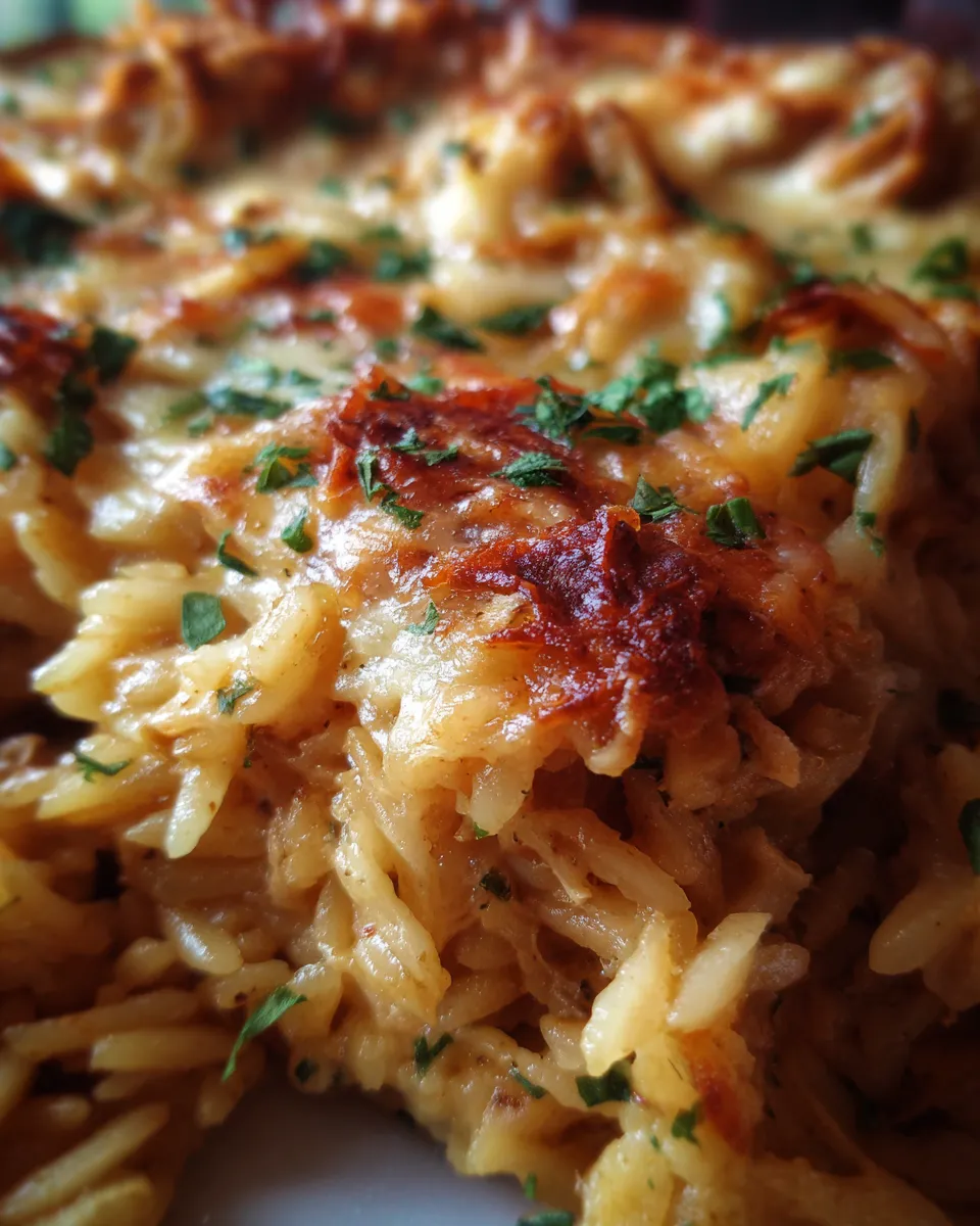 French Onion Chicken Orzo Casserole