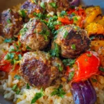 Juicy Meatballs with Rice & Roasted Veggies Bowl