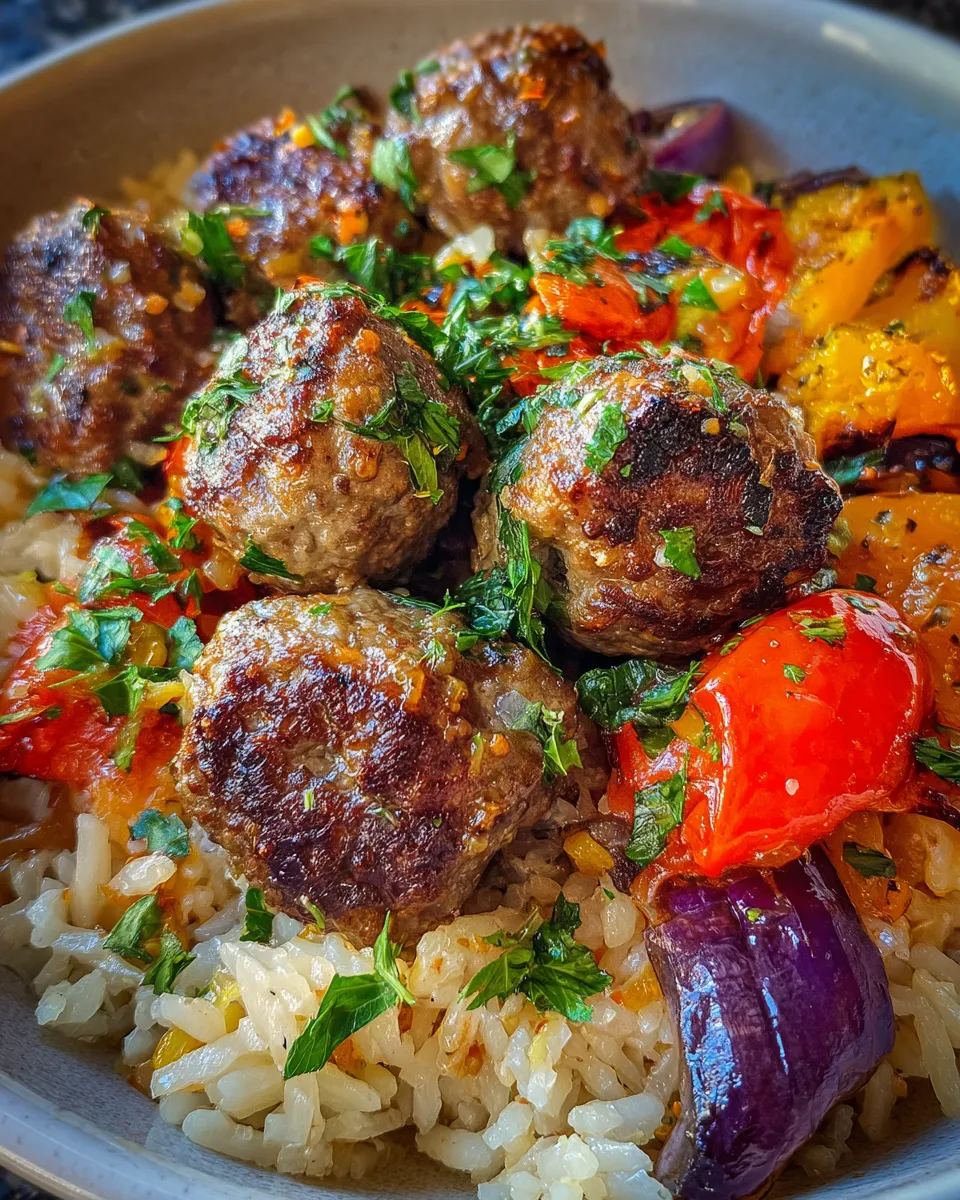 Juicy Meatballs with Rice & Roasted Veggies Bowl