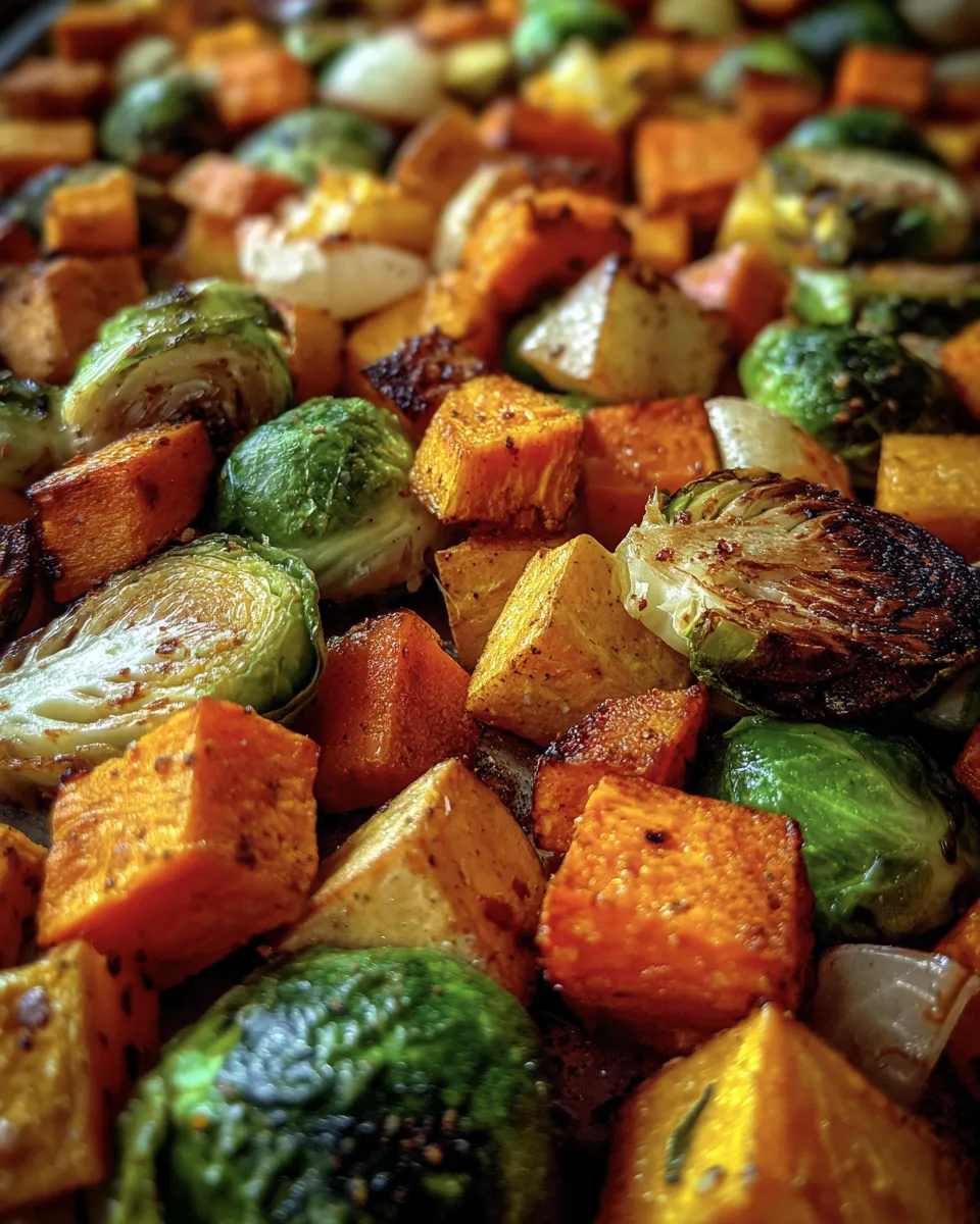Roasted Butternut Squash, Brussels Sprouts, and Sweet Potatoes