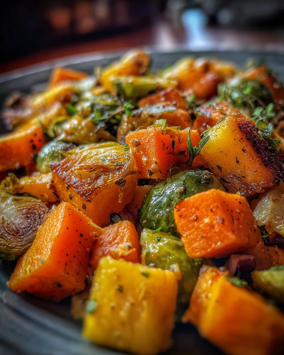 Roasted Butternut Squash, Brussels Sprouts, and Sweet Potatoes